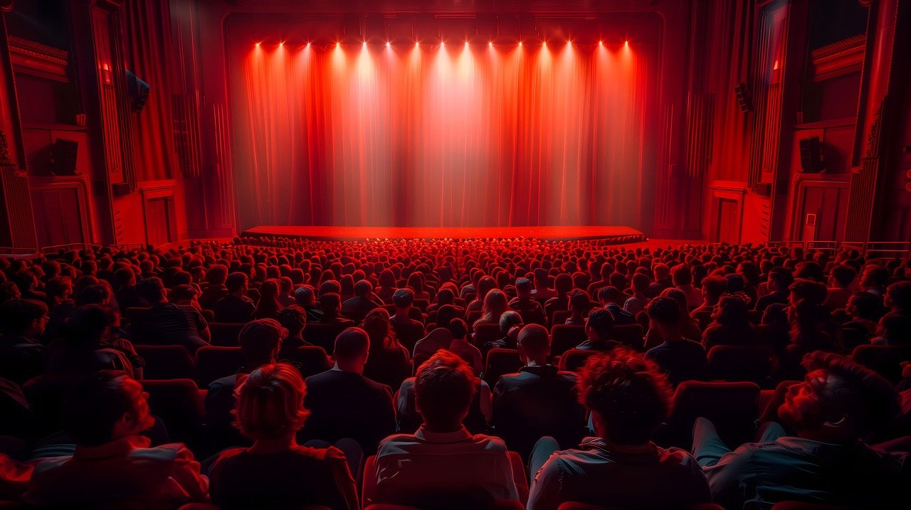 Image of a theatre taken from behind the audience looking towards the stage